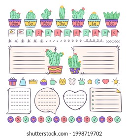 Elemento de diario de viñetas. Dibujo manuscrito. Planador diario, planificador, diseño de decoración de calendario. Símbolo del libro de esbozo, conjunto de etiquetas. Flecha del diario de viñetas, pegatina, divisor. Ilustración vectorial.  