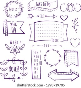 Bullet journal element. Handwritten sketch doodle. Diary planer, planner, calendar decoration design. Sketchbook symbol, label set. Bullet journal arrow, sticker, divider. Vector illustration.  