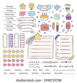 Bullet journal element. Handwritten sketch doodle. Diary planer, planner, calendar decoration design. Sketchbook symbol, label set. Bullet journal arrow, sticker, divider. Vector illustration.  