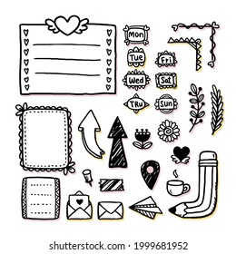 Bullet journal element. Handwritten sketch doodle. Diary planer, planner, calendar decoration design. Sketchbook symbol, label set. Bullet journal arrow, sticker, divider. Vector illustration.  