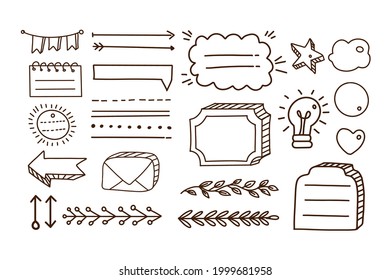 Bullet journal element. Handwritten sketch doodle. Diary planer, planner, calendar decoration design. Sketchbook symbol, label set. Bullet journal arrow, sticker, divider. Vector illustration.  