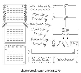 Bullet journal element. Handwritten sketch doodle. Diary planer, planner, calendar decoration design. Sketchbook symbol, label set. Bullet journal arrow, sticker, divider. Vector illustration.  