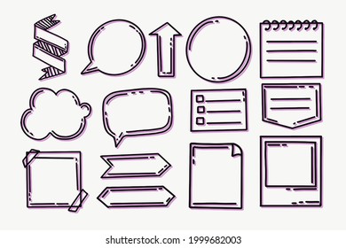 Bullet journal element. Handwritten sketch doodle. Diary planer, planner, calendar decoration design. Sketchbook symbol, label set. Bullet journal arrow, sticker, divider. Vector illustration.  