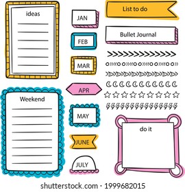 Bullet journal element. Handwritten sketch doodle. Diary planer, planner, calendar decoration design. Sketchbook symbol, label set. Bullet journal arrow, sticker, divider. Vector illustration.  