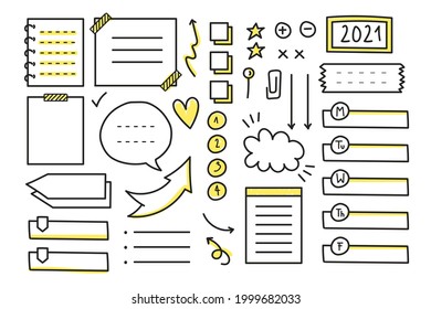Bullet journal element. Handwritten sketch doodle. Diary planer, planner, calendar decoration design. Sketchbook symbol, label set. Bullet journal arrow, sticker, divider. Vector illustration.  