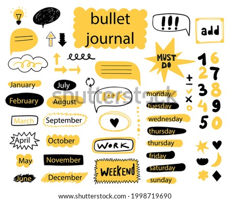 Bullet journal element. Handwritten sketch doodle. Diary planer, planner, calendar decoration design. Sketchbook symbol, label set. Bullet journal arrow, sticker, divider. Vector illustration.  