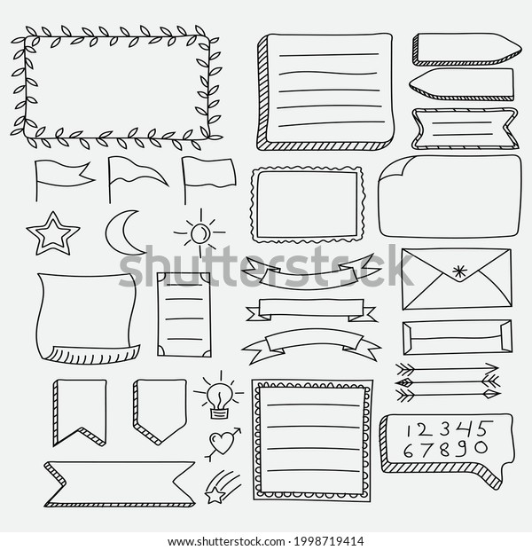 Bullet journal element. Handwritten sketch doodle. Diary\
planer, planner, calendar decoration design. Sketchbook symbol,\
label set. Bullet journal arrow, sticker, divider. Vector\
illustration.  