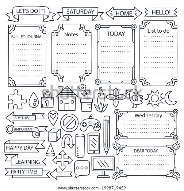 Bullet journal element. Handwritten sketch doodle. Diary
planer, planner, calendar decoration design. Sketchbook symbol,
label set. Bullet journal arrow, sticker, divider. Vector
illustration.  