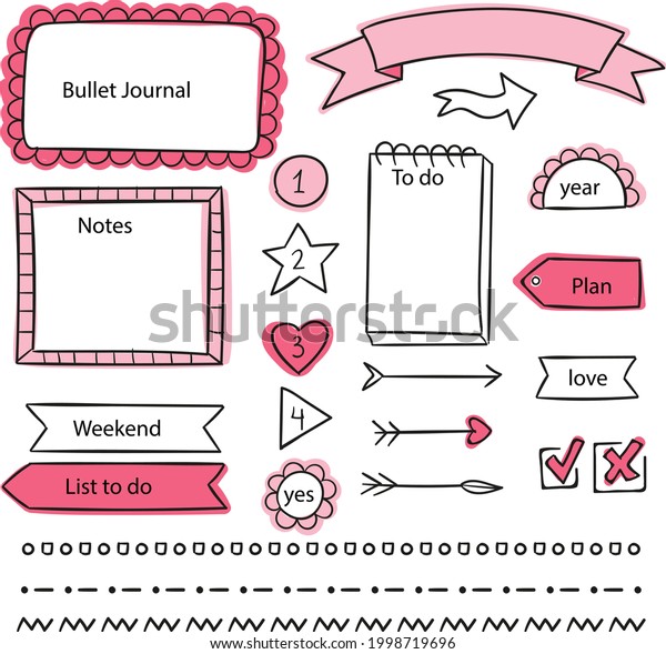 Bullet journal element. Handwritten sketch doodle. Diary
planer, planner, calendar decoration design. Sketchbook symbol,
label set. Bullet journal arrow, sticker, divider. Vector
illustration.  