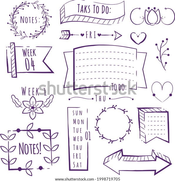 Bullet journal element. Handwritten sketch doodle. Diary\
planer, planner, calendar decoration design. Sketchbook symbol,\
label set. Bullet journal arrow, sticker, divider. Vector\
illustration.  