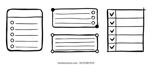 Bullet journal elements in doodle style. Hand drawn memo paper sheets, sticky note, reminder, to do list, sticky tape and pins.