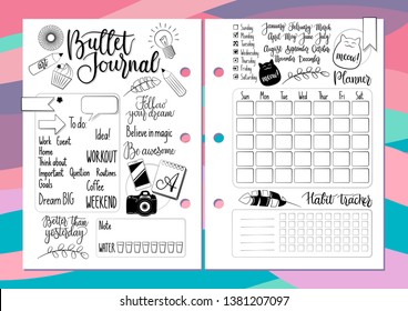 Bullet journal elements with handwriting & calligraphy. Cute vector diary elements isolated on white pages. Week days, months, planner, habit tracker, cats, smartphone, camera, and motivation phrases.