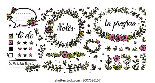 Bullet journal floral elements for decoration. Flower dividers and handwritten calligraphy for diary designs. Doodle vector illustration isolated in white background