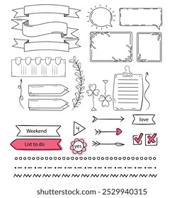 Conjunto de elementos dibujados a mano de diario de bala, etiqueta engomada, etiqueta del planificador. Estilo de garabato de dibujo de Doodle. Ilustración vectorial de diario de bala para decoración de diario