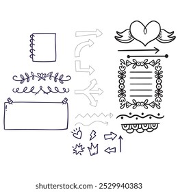 Bullet journal hand drawn element set, sticker, planner label. Doodle sketch scribble style. Bullet journal vector illustration for diary decoration