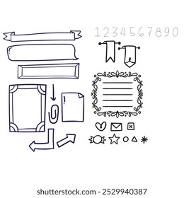 Conjunto de elementos dibujados a mano de diario de bala, etiqueta engomada, etiqueta del planificador. Estilo de garabato de dibujo de Doodle. Ilustración vectorial de diario de bala para decoración de diario