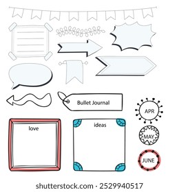 Conjunto de elementos dibujados a mano de diario de bala, etiqueta engomada, etiqueta del planificador. Estilo de garabato de dibujo de Doodle. Ilustración vectorial de diario de bala para decoración de diario