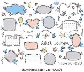 Bullet  journal hand drawn set. Simple graphic elements for keeping diary, notes and journal. Frame, rim, numbers, arrow, heart, moon, squiggle and other clip art, vector illustration