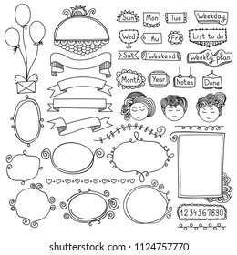 Bullet journal hand drawn vector elements for notebook, diary and planner. Doodle banners isolated on white background. Notes, list, frames, dividers, ribbons, balloons.