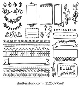 Bullet Journal Hand Drawn Vector Design Elements For Notebook, Diary And Planner. Set Of Frames, Borders, Vignettes, Dividers.