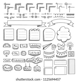 Bullet journal hand drawn vector elements for notebook, diary and planner. Doodle banners isolated on white background. Days of week, corners, list, frames, dividers, ribbons.