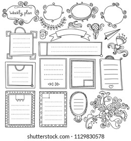 Bullet journal hand drawn vector elements for notebook, diary and planner. Doodle banners isolated on white background. Notes, list, frames, dividers, ribbon, flowers.