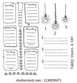 Bullet journal hand drawn vector elements for notebook, diary and planner. Doodle banners isolated on white background. Days of week, notes, list, frames, dividers.