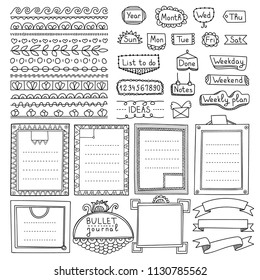 Bullet journal hand drawn vector elements for notebook, diary and planner. Doodle banners isolated on white background. Days of week, notes, list, frames, dividers, ribbons.