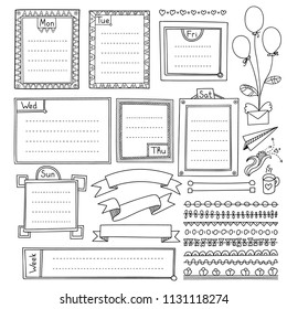 Bullet journal hand drawn vector elements for notebook, diary and planner. Doodle banners isolated on white background. Days of week, notes, list, frames, dividers, ribbons.