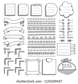 Bullet journal hand drawn vector elements for notebook, diary and planner. Doodle banners isolated on white background. Notes, list, frames, dividers, corners, ribbons.