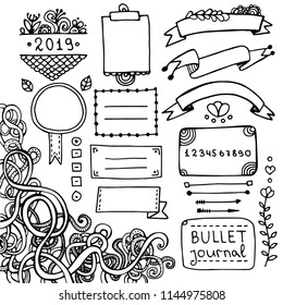 Bullet journal hand drawn vector elements for notebook, diary and planner. Doodle banners isolated on white background. Notes, list, frames, dividers, ribbons.
