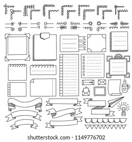 Bullet journal hand drawn vector elements for notebook, diary and planner. Doodle banners isolated on white background. Notes, list, frames, dividers, corners, ribbons.