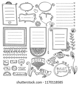Bullet journal hand drawn vector elements for notebook, diary and planner. Doodle banners isolated on white background. Days of week, notes, list, frames, dividers.