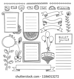 Bullet journal hand drawn vector elements for notebook, diary and planner. Doodle banners isolated on white background. Days of week, notes, list, frames, dividers, ribbons.