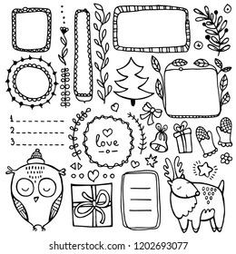 Bullet journal hand drawn vector elements for notebook, diary and planner. Set of doodle frames, banners and floral elements isolated on white background. 