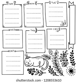Bullet journal hand drawn vector elements for notebook, diary and planner. Set of doodle frames, banners and floral elements isolated on white background. 