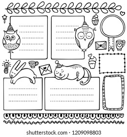 Bullet journal hand drawn vector elements for notebook, diary and planner. Set of doodle frames, banners and floral elements isolated on white background. 