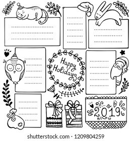 Bullet journal hand drawn vector elements for notebook, diary and planner. Set of doodle frames, banners and floral and Christmas elements isolated on white background.