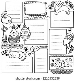 Bullet journal hand drawn vector elements for notebook, diary and planner. Set of doodle frames, banners and floral and Christmas elements isolated on white background.