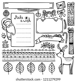 Bullet journal hand drawn vector elements for notebook, diary and planner. Set of doodle frames, banners and floral and Christmas elements isolated on white background.