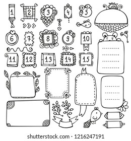 Bullet journal hand drawn vector elements for notebook, diary and planner. Doodle frames isolated on white background. 