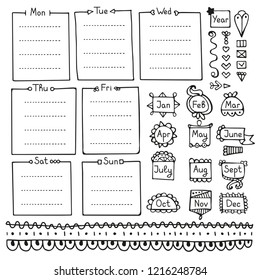 Bullet journal hand drawn vector elements for notebook, diary and planner. Doodle frames isolated on white background. 