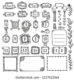 Bullet journal hand drawn vector elements for notebook, diary and planner. Doodle frames isolated on white background. 