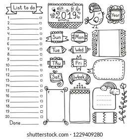 Bullet journal hand drawn vector elements for notebook, diary and planner. Doodle frames isolated on white background. 