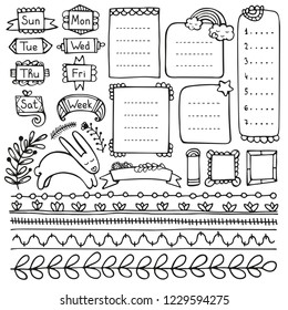 Bullet journal hand drawn vector elements for notebook, diary and planner. Doodle frames isolated on white background. 