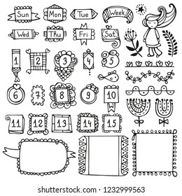 Bullet journal hand drawn vector elements for notebook, diary and planner. Doodle frames isolated on white background. 