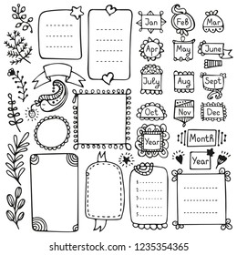 Bullet journal hand drawn vector elements for notebook, diary and planner. Doodle frames isolated on white background. 