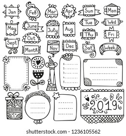 Bullet journal hand drawn vector elements for notebook, diary and planner. Doodle frames isolated on white background. 
