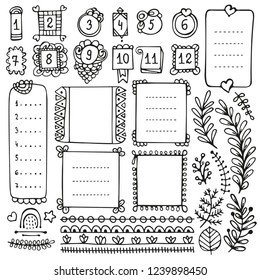 Bullet journal hand drawn vector elements for notebook, diary and planner. Doodle frames isolated on white background. 