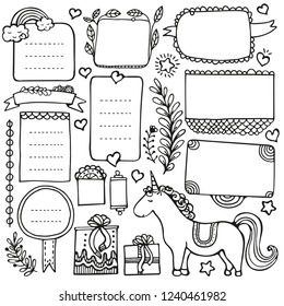 Bullet journal hand drawn vector elements for notebook, diary and planner. Doodle frames isolated on white background. 